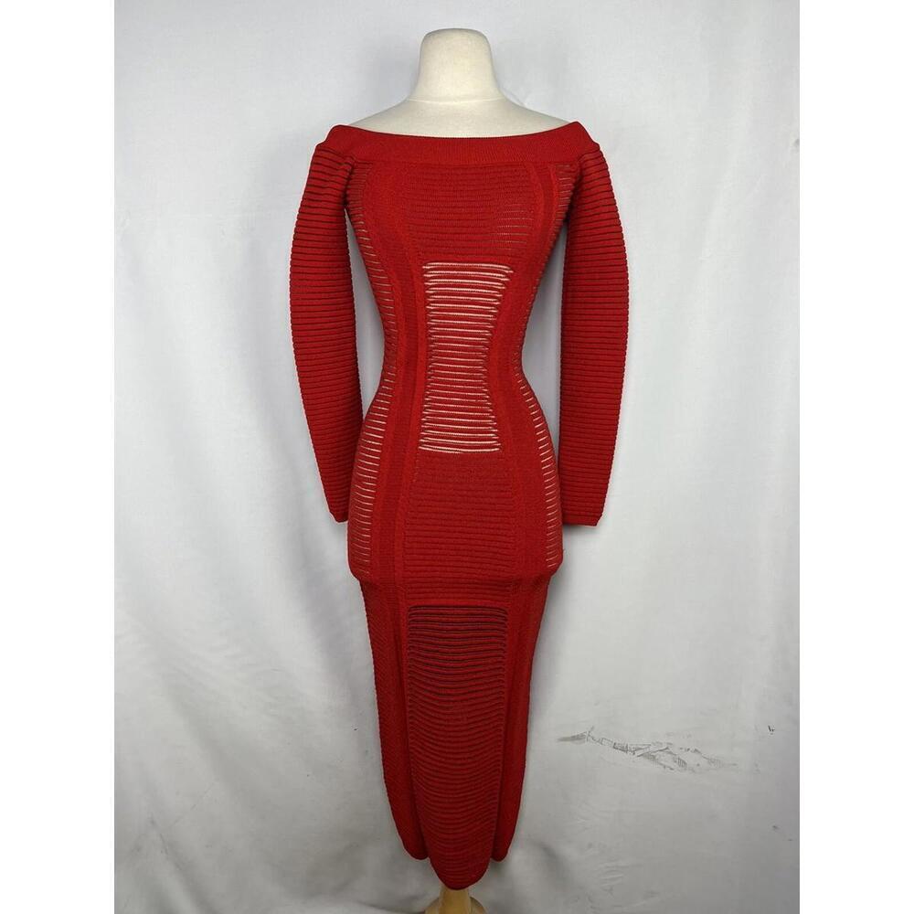Balmain Off-The-Shoulder Knit Maxi Dress Red